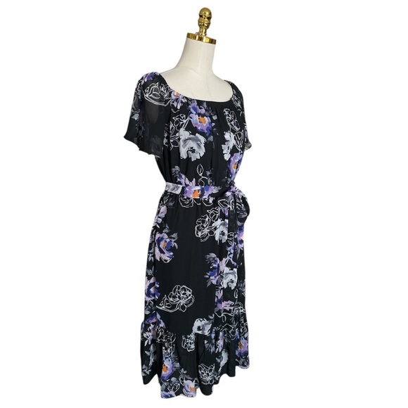 Eliza J Black Ruffled Off-Shoulder Tiered Midi Chiffon Dress Women’s Size 12 - Picture 4 of 9